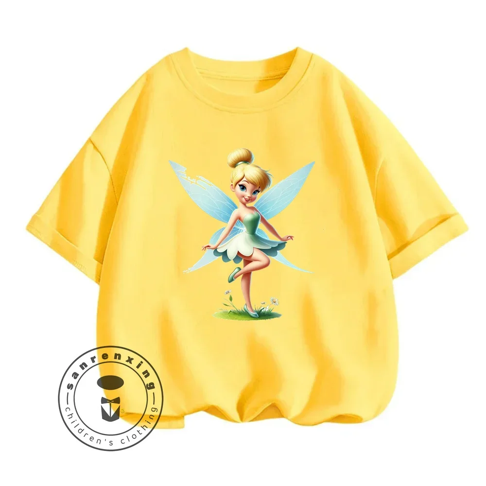 2024 Playful Tinker Bell Animated Cartoon Character Print Design O-neck Vintage Style Short-sleeved Shirt for Summer Children