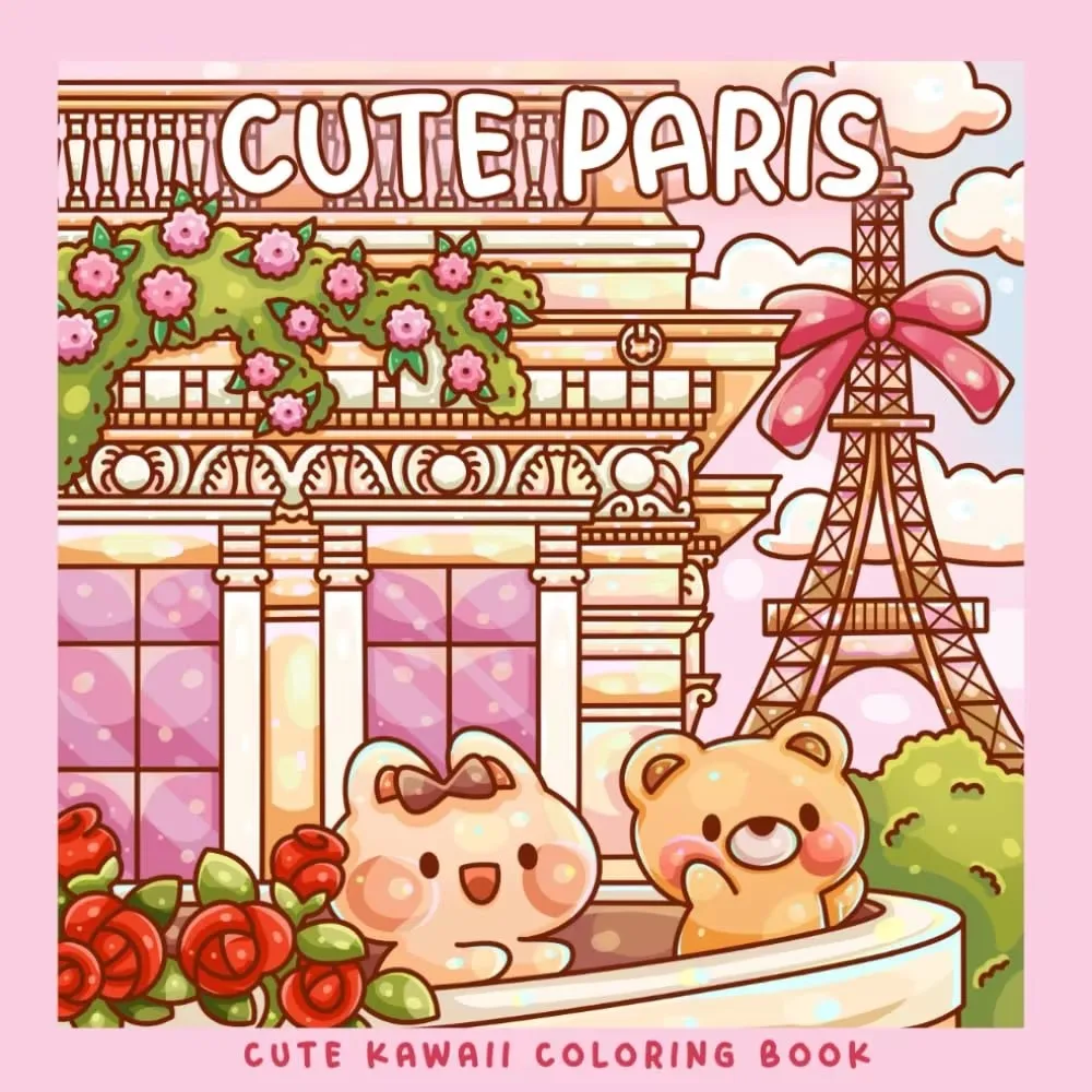 

Colorful Paris Landmarks And Kawaii Characters Coloring Book - Adorable Designs for Kids Adults