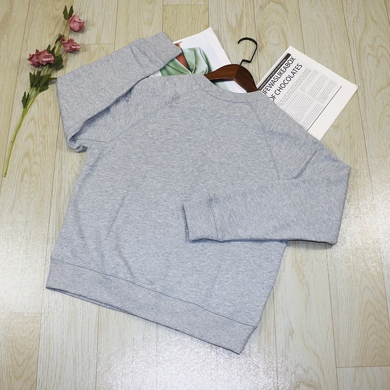 Nueva sudadera con capucha de gran tamaño para mujer de invierno, sudadera informal con adornos de diamantes hasta el hombro, sudadera redonda de mezcla de algodón Ne