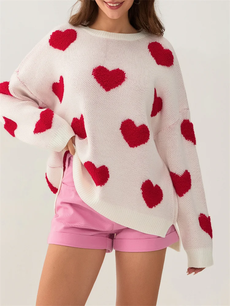 CHRONSTYLE Women Valentine's Day Heart Print Sweaters Long Sleeve Round Neck Loose Casual Pullover Fall Winter Tops 2025 Jumpers