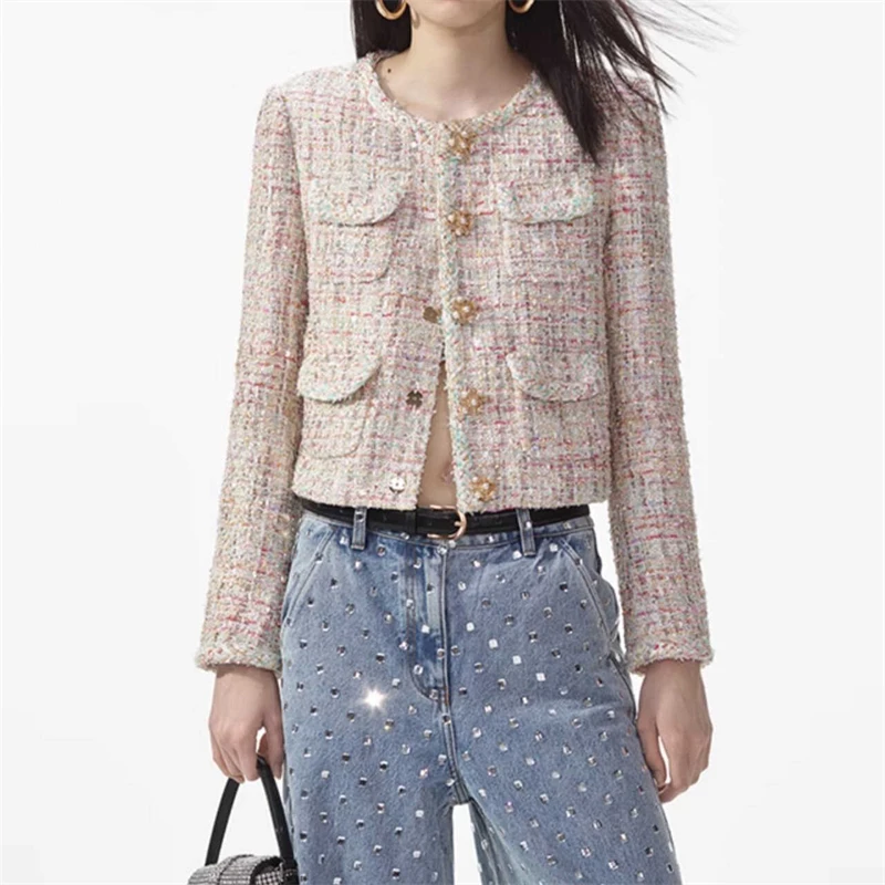 

2024 autumn new women's small Chanel style tweed temperament short jacket high quality fashion commuting gem button short jacket