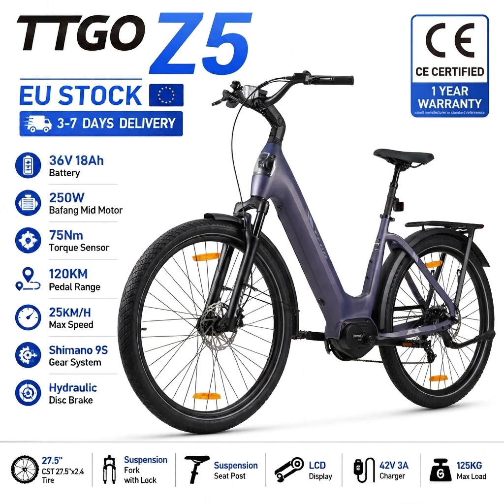 Image of TTGO Elektrofahrrad Bafang Mittelmotor 75 Nm Drehmomentsensor E-Bike 250W 25 km/h 36V18Ah Batterie 27,5" Reifen Hydraulische Bremse LCD-Display Elektrofahrrad