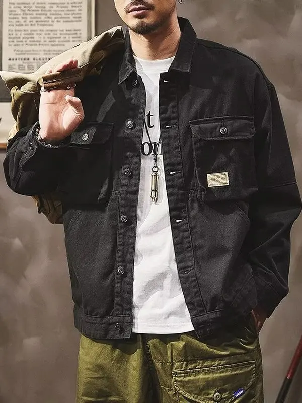 Premium Workwear Jacket Men's Spring Autumn Loose American Retro Collar Casual Handsome Denim Shirt Standard Fit Multi Pocket