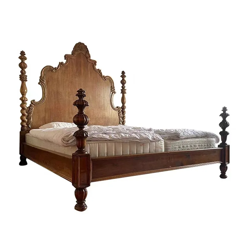 

American retro solid wood carving flower high back medieval bedroom hotel homestay roman column wedding bed princess double bed