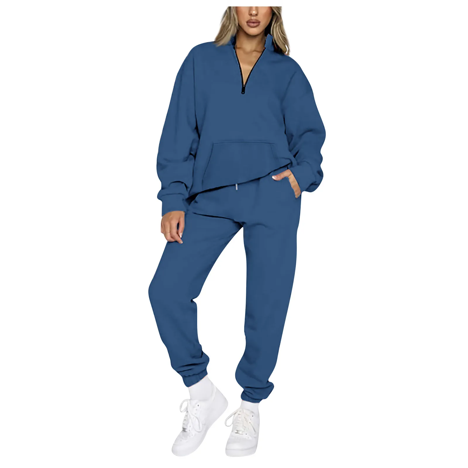 

Fashion Women's Set Solid Color Long-sleeved Zipper Top Casual Elastic Tie Trousers Sports Leisure Loose Soft Two-piece Suit