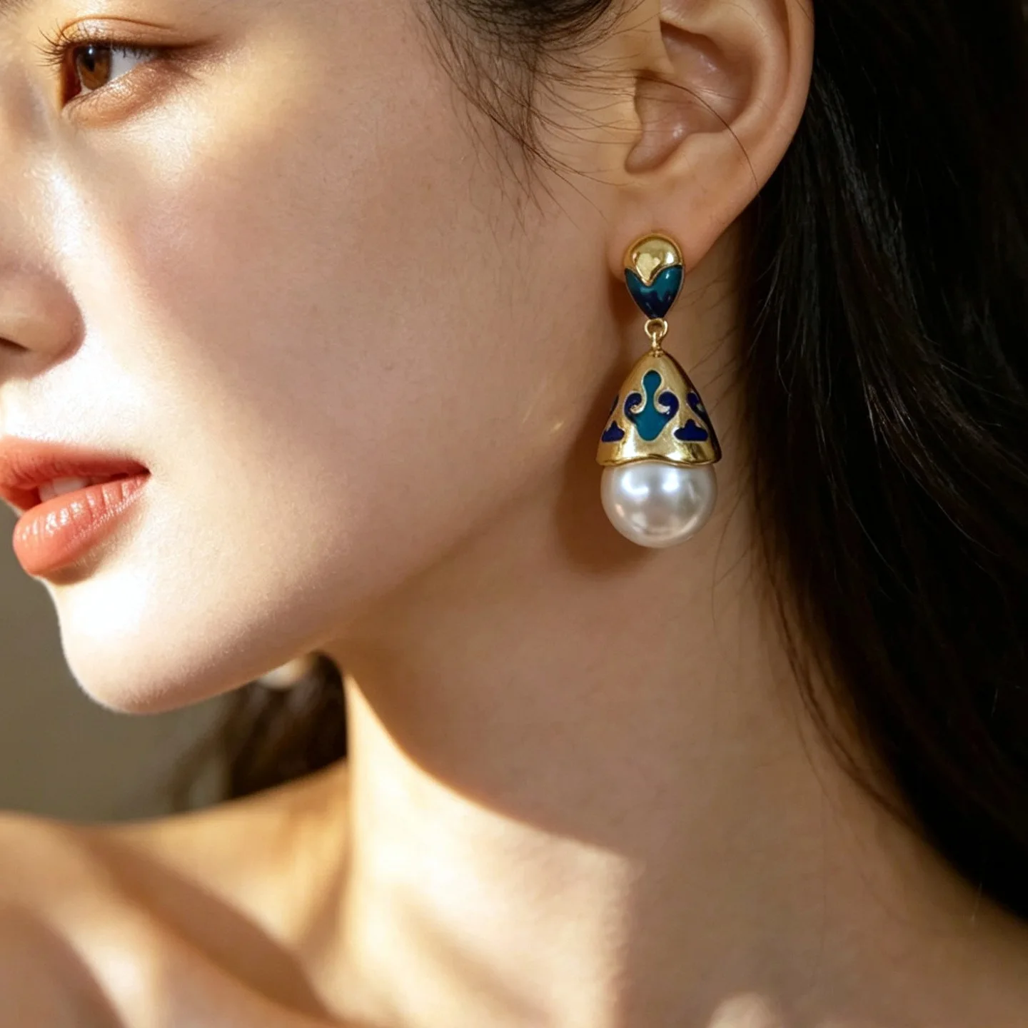 Vintage Enamel Cloud Pattern Dangle Earrings For Women Chinese Ethnic Style Imitation Pearl Drop Earring Party Wedding Jewelry