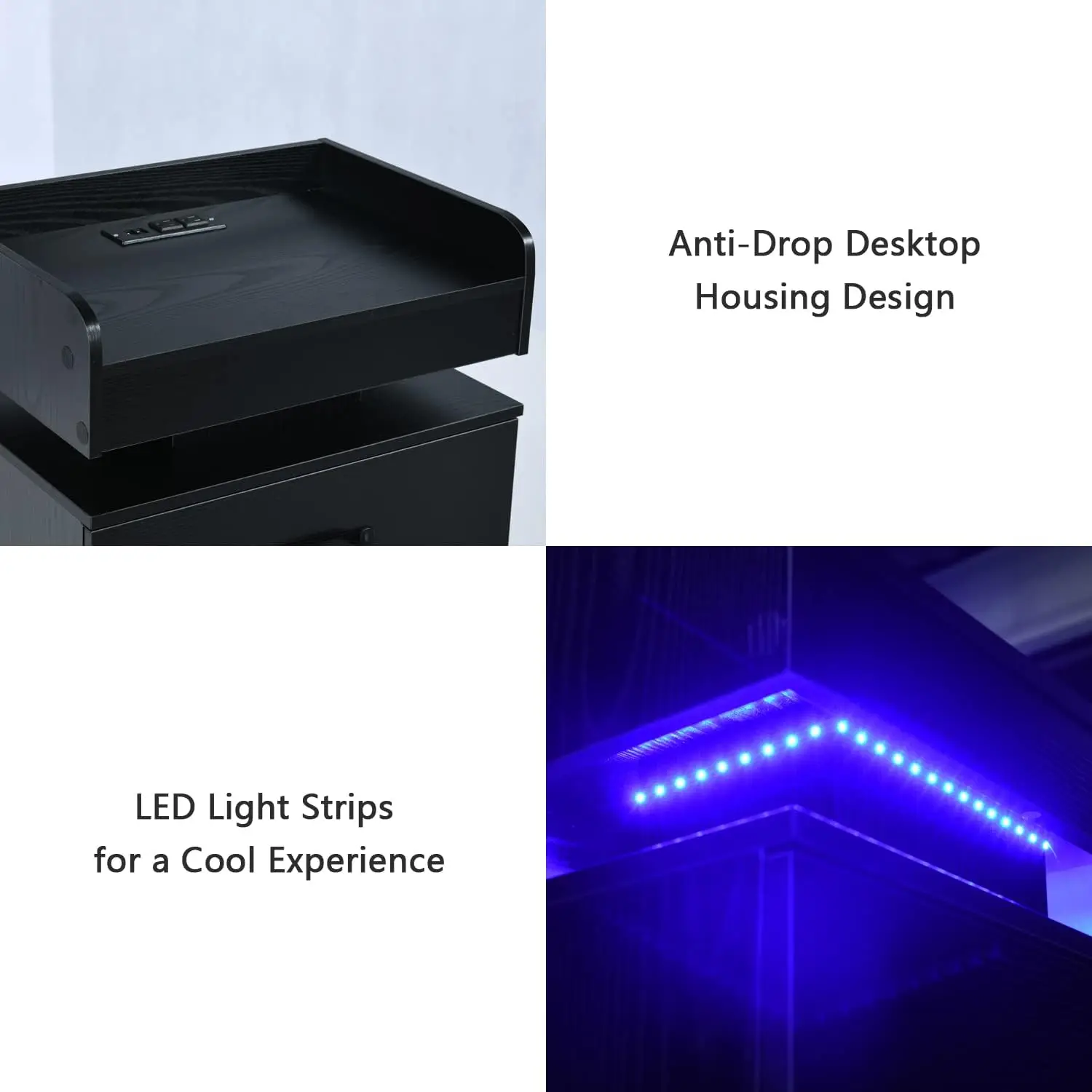 Nightstand Set of 2 with Charging Station, Black Night Stand with LED Lights