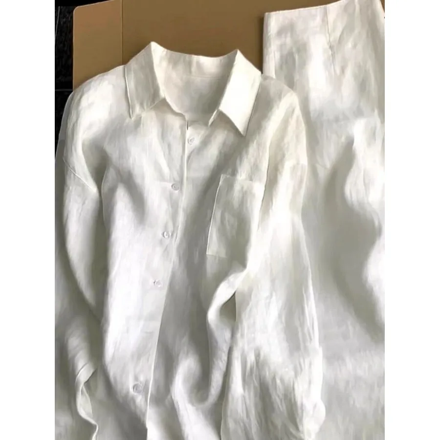 

Fashionable plus Size Women's Cotton Linen Casual Pants And Shirt Set Summer 2026 Commute Style Long Sleeve Uniform Two-Piece...