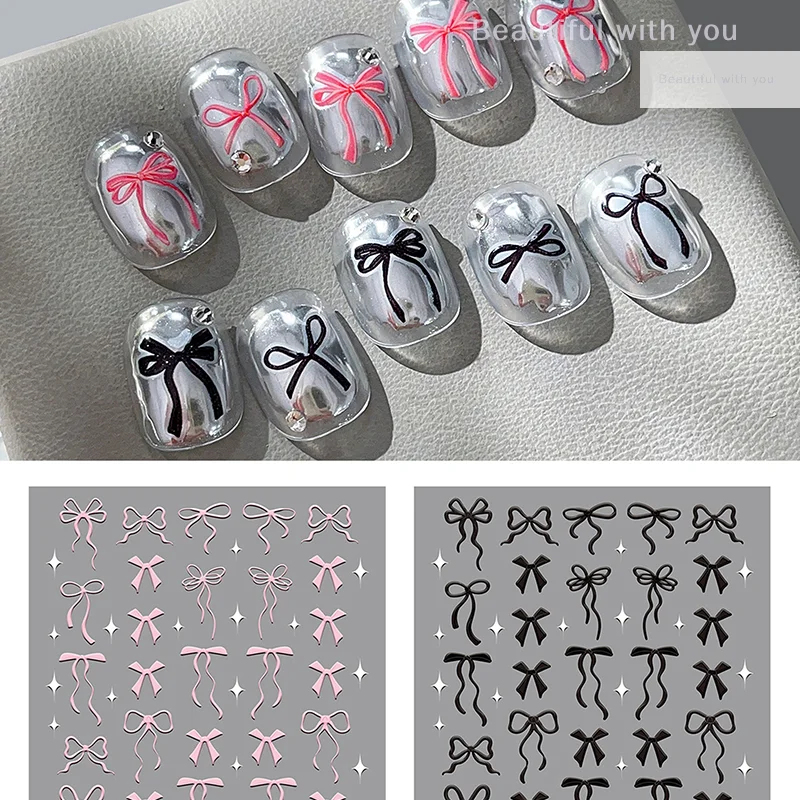 

1Pcs 5D Japanese Mini Bow Nail Art Stickers Fashion Black White Ribbon Self Adhesive Nail Decoration Decals DIY Nail Accessories