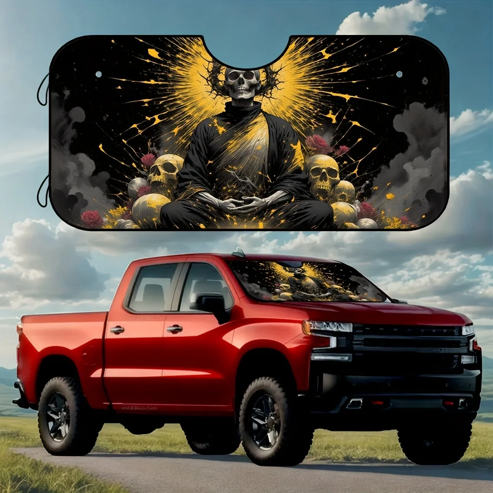 

1pc, Watercolor Inspired Style, Car Windshield Sunshade Skull Crown UV Ray Heat Shield Foldable Awning Cover Includes 4 Suction