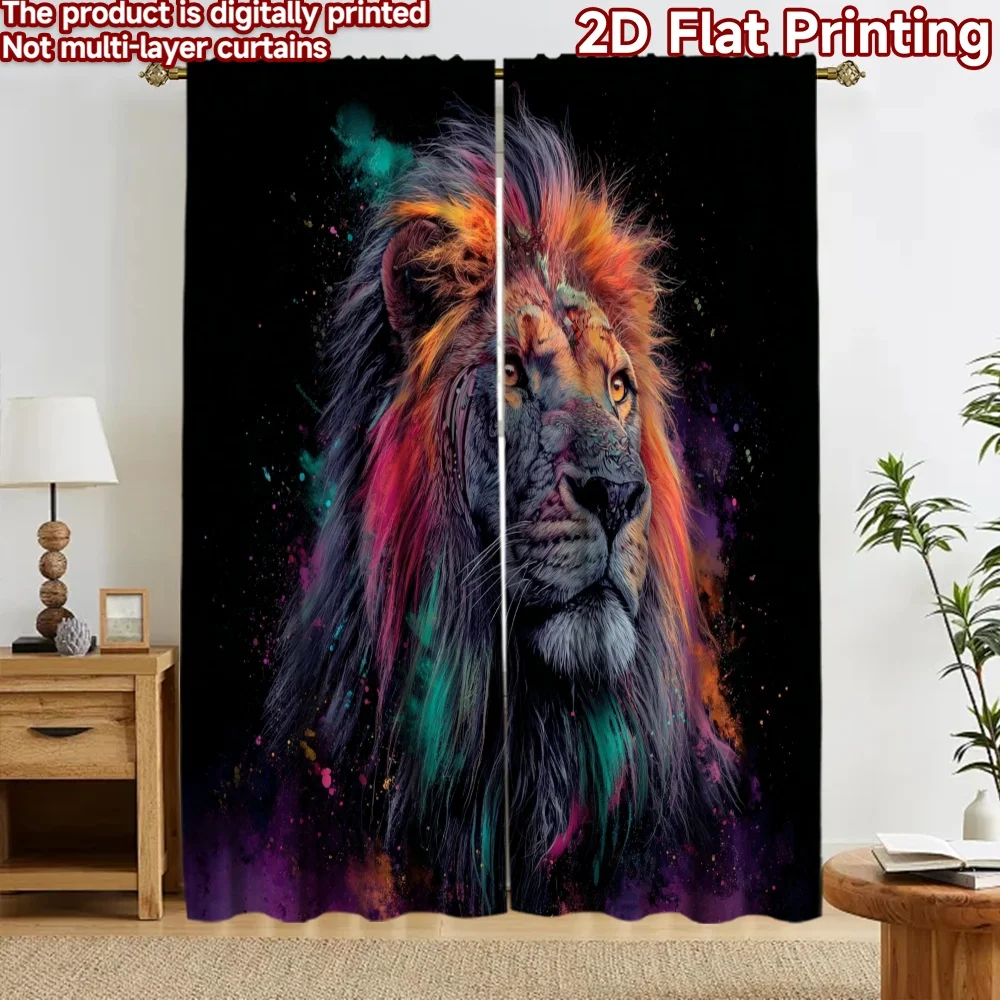 2D flat 2pcs Curtain Vintage drapes Curtains Colorful Lion Head Digitally printed polyester, colorfast Holiday Decorations for