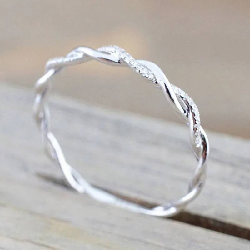 Huitan Simple Stylish Women Thin Rings Fancy Twist Band Shiny Crystal Cubic Zircon Daily Wear Versatile Jewelry Minimalist Gift image 6