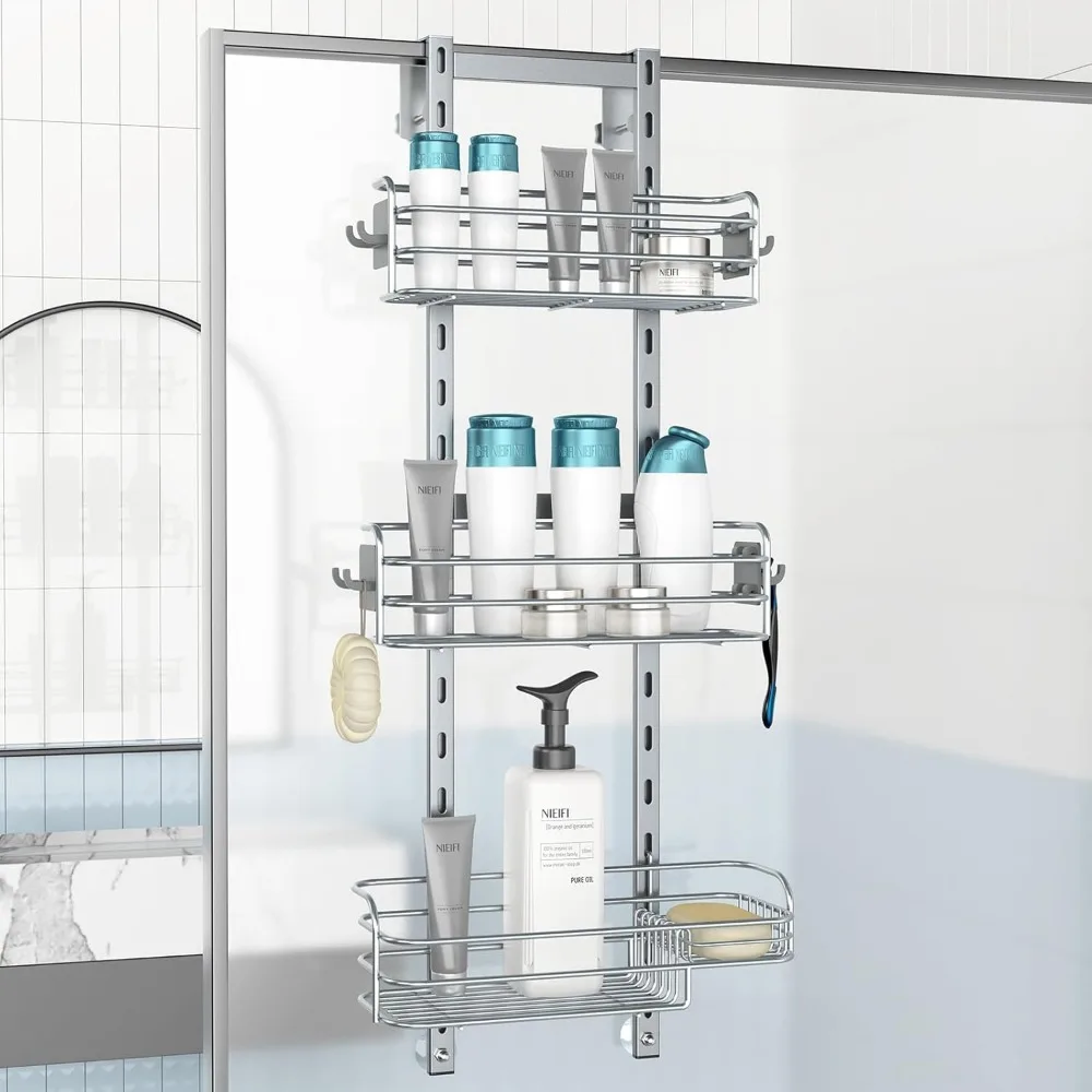 

Adjustable Over-The-Door Shower Caddy with Hooks and Baskets, No Drilling Required, Silver Finish