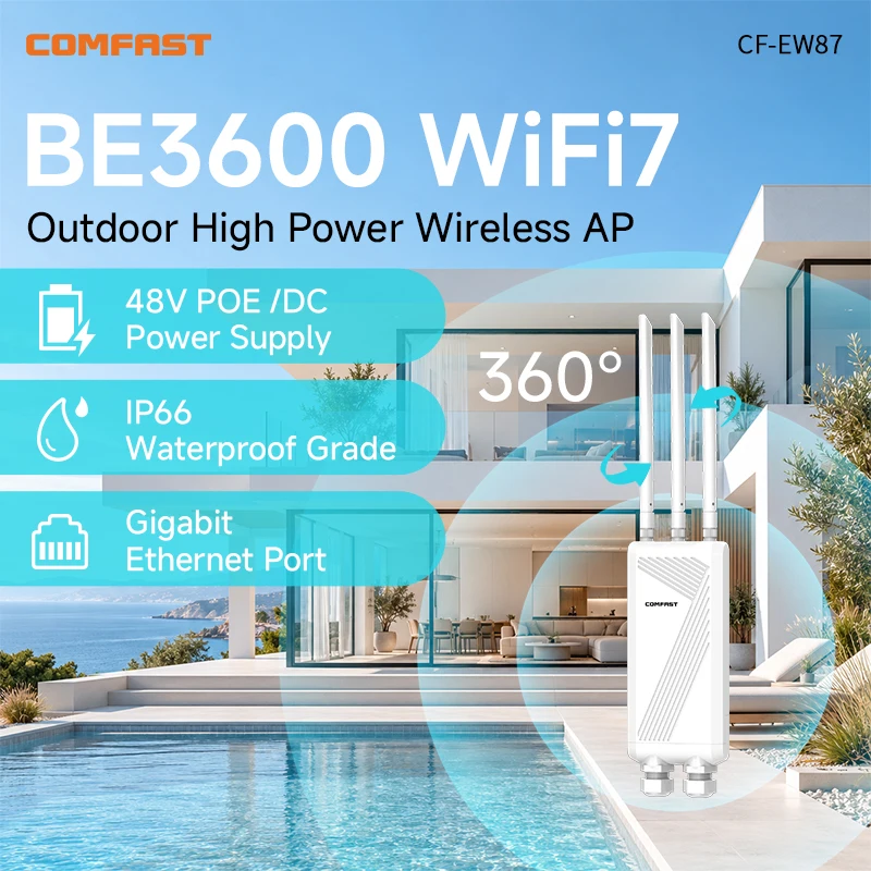 Comfast Hochleistungs-BE3600 WiFi7 Outdoor Access Point AP Router/Repeater/AP 2,4G+5G Langstrecken-3*5dbi Outdoor WiFi-Antennenverstärker mit 48V PoE IP66 Wetterfestem Signal- und Wasserdichtem