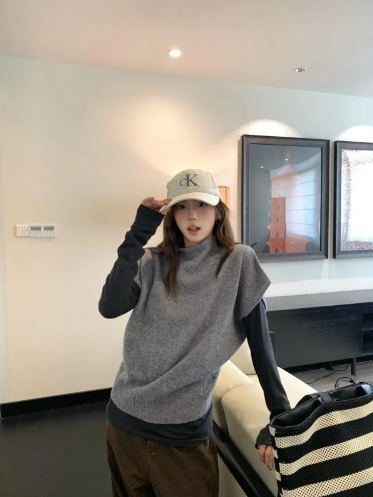 

Casual Faionable Loose ort Sve Knitted Sweater Set Women's Early Spring Slimming Base irt Top round Ne Pure Color