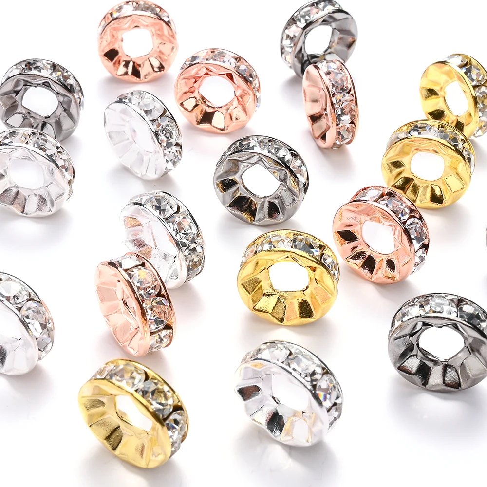 10 Stück 15mm Funkelnde Strass-Rondell-Abstandsperlen Metall-Design Kristall Lose Perlen für DIY-Bastelarbeiten, Perlenstifte, Schmuckherstellung – Detail 1