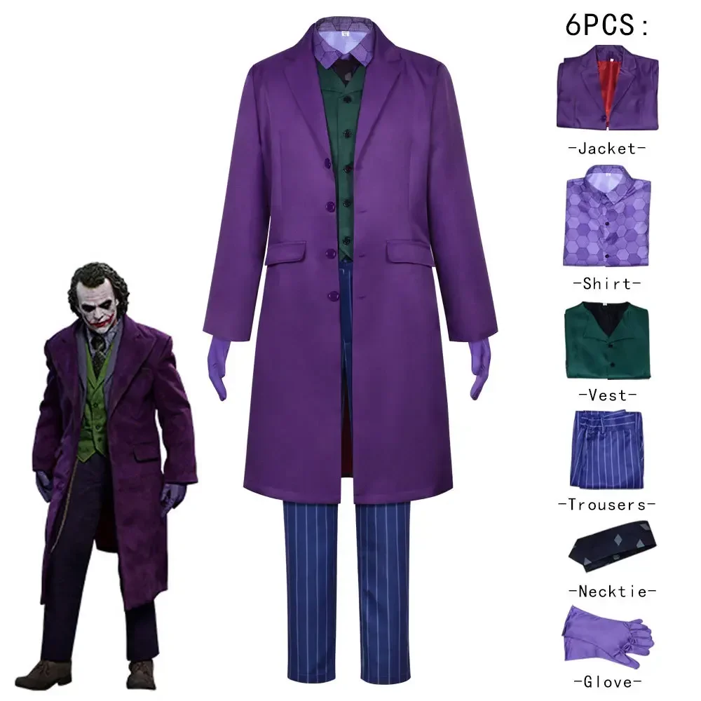 Chaqueta morada uniforme para adultos vestido de Halloween fiesta payaso Heath Ledger traje Cosplay película y tv disfraces de caballero oscuro