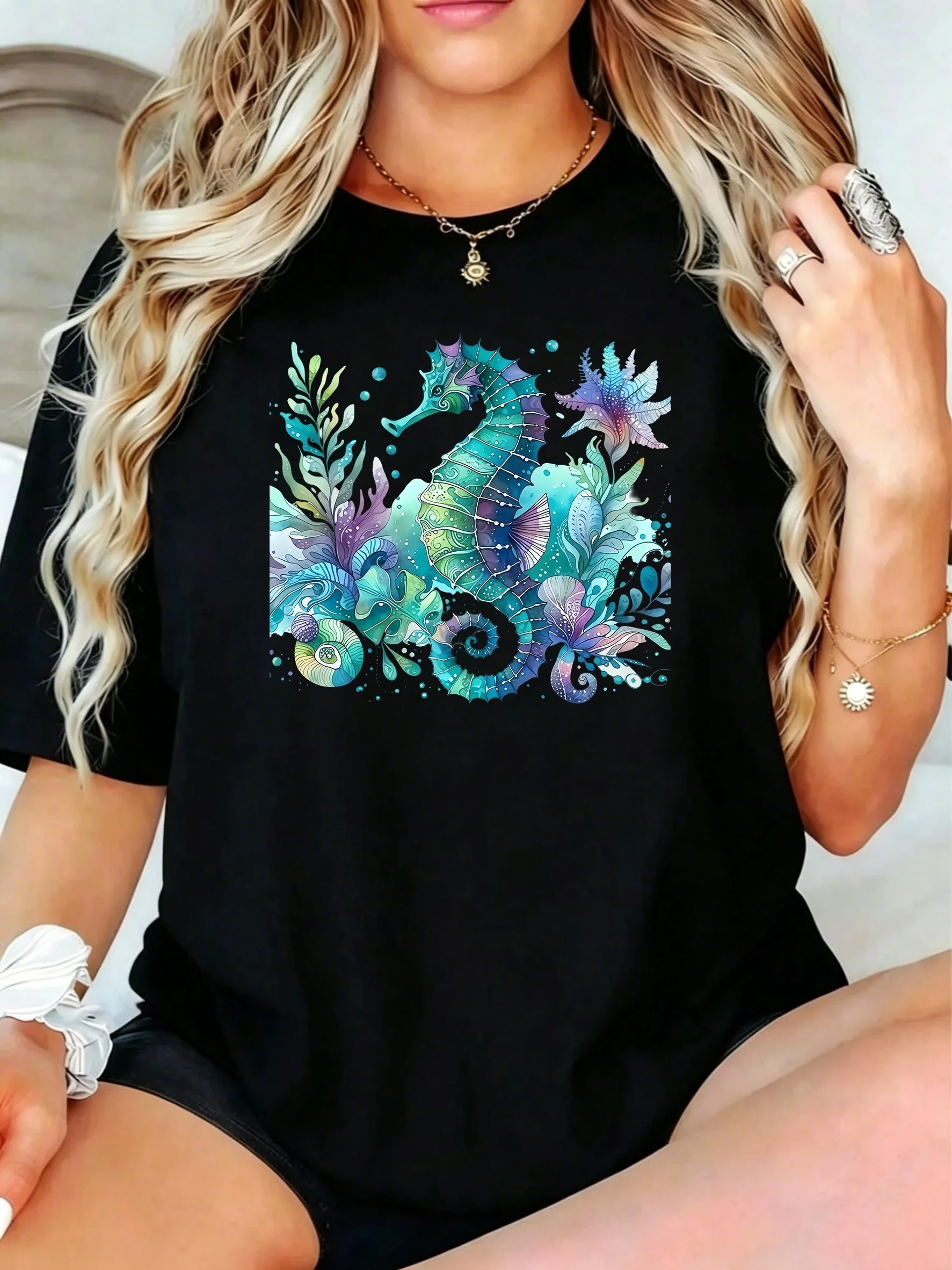1Pcs Plus Size Women T-Shirt, Seahorse Coral Leaves Ocean Waves Colorful Design Shirt, Loose Type Shirt for Women