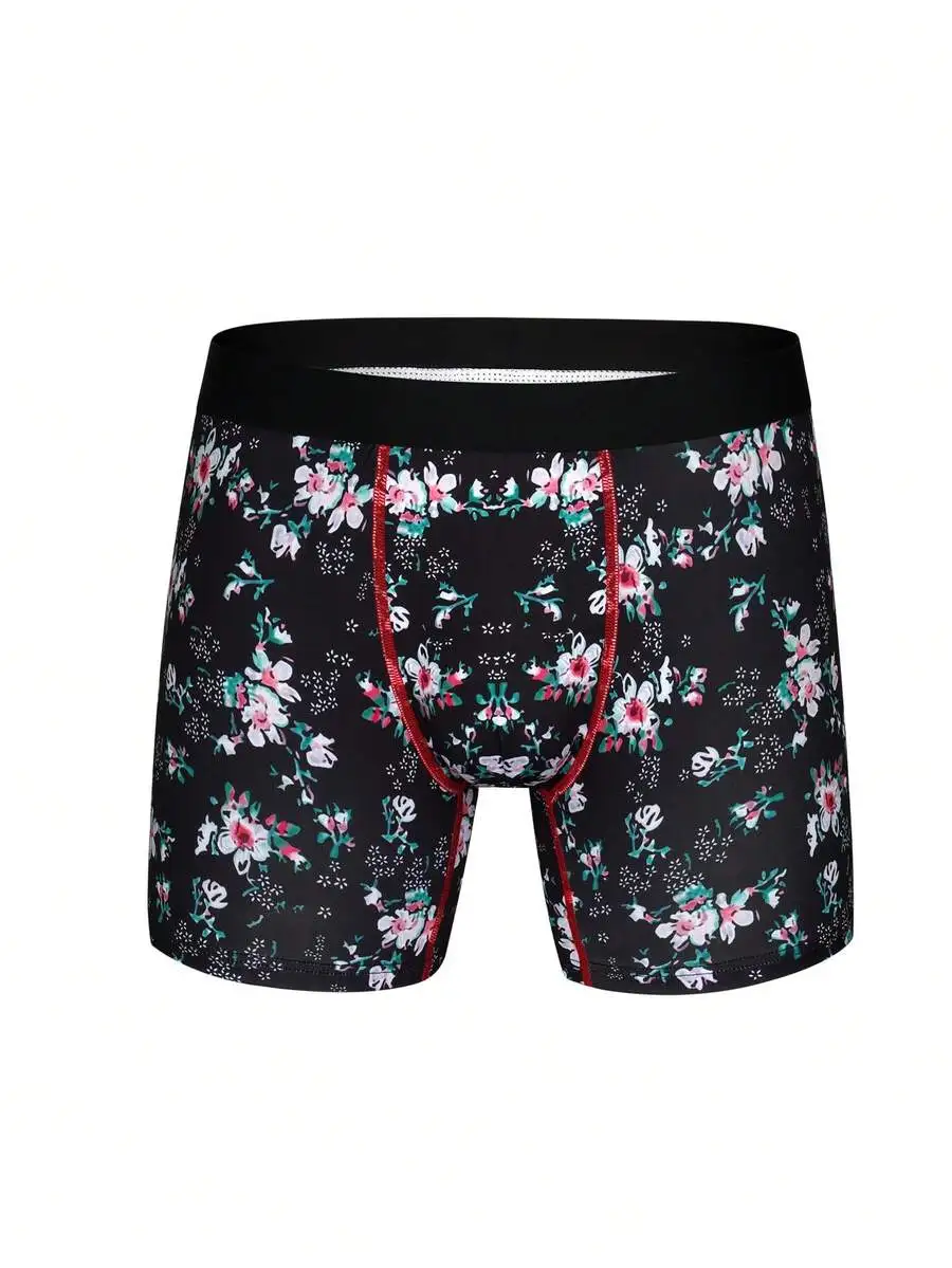 

Men Floral Print Boxer Briefs With Contrast Red Tape And Top Stitching