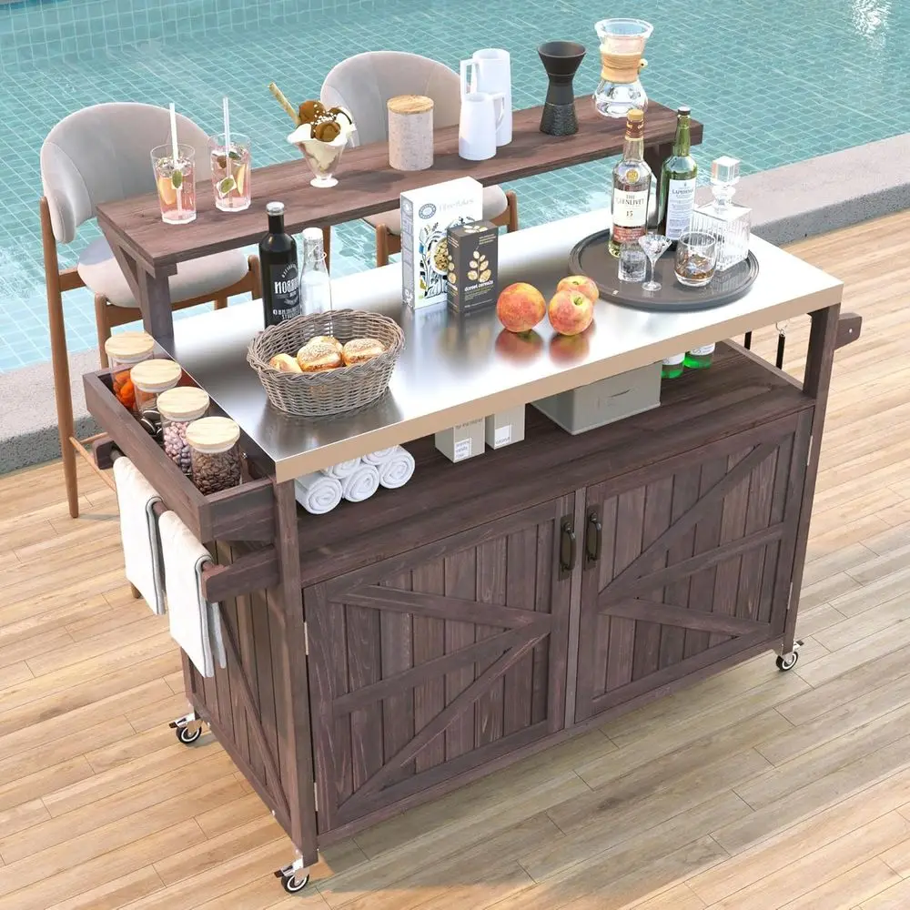 

53 Outdoor Kitchen Island with Stainless Steel Top, Serving Shelf, Rolling Cart, Spice Rack, Storage, and Grill Prep Table for B