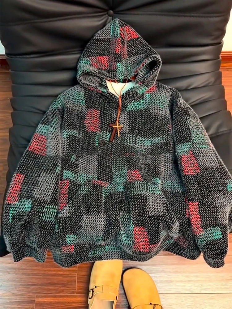 

Мужская флисовая толстовка в клетку для осени и зимы, уютная, премиум-класса, для многослойных образов, вязаная куртка в стиле французского шика