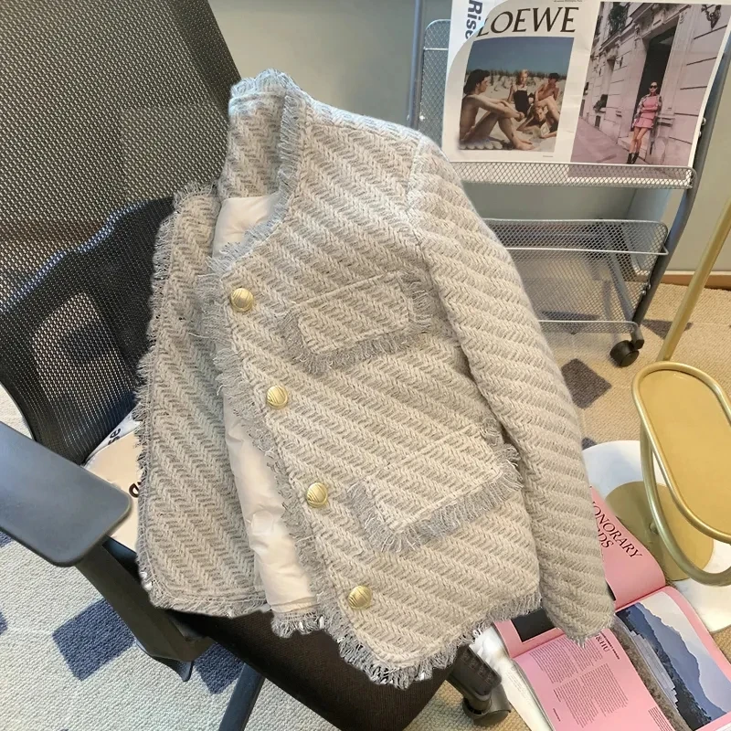 

Толстая шерстяная куртка женская, металлическая пряжка, кисточка, свободная, однобортная, твидовое пальто, топы, верхняя одежда, весна, осень, 2023, новинка