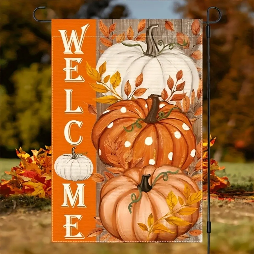 Double Sided Halloween Fall Pumpkin Garden Flag Linen Chick or Treat Autumn Ghost Yard Flag Vintage Scarecrow Ghost Welcome Flag