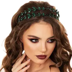 Romantic Green Crystal Leaves Headband Double Layer Hair Accessories Women Luxury Tiara Bridal Wedding Headband Banquet Jewelry