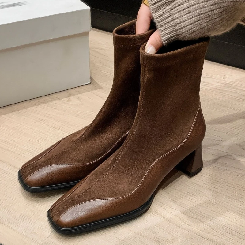 Autumn Winter Splicing Design Chunky-Heeled Ankle Boots for Women Square Toe Back Zipper Short Boot Fashion Designer Dress Heels
