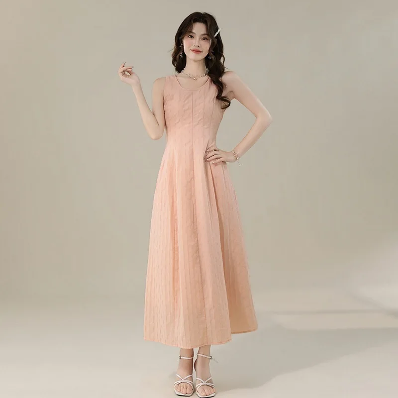 Minimalist Peach Pink Sleeveless A-line Maxi Dress For Women O-neck Textured Fabric Flowy Casual Summer Patry Prom Vestidos Robe