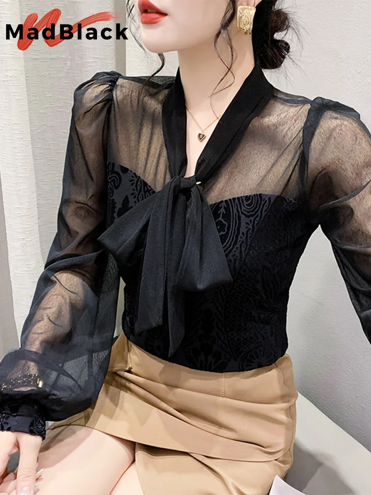 

MadBlack Spring European Clothes Blouses Women Sexy Bowtie Print Slim Tops Long Lantern Sleeves Shirts New 2023 Fall T34748M