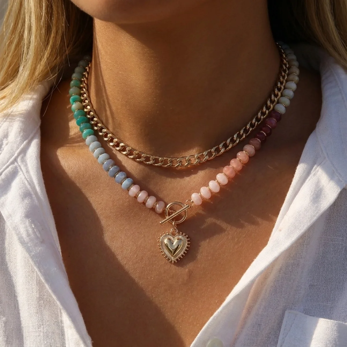 Y2K-Halskette mit Herzanhänger aus farblich abgestuften Harzperlen für Damen und Herren, Liebesherz, bunte Acrylperlen, Choker, ästhetischer Schmuck – Detail 15