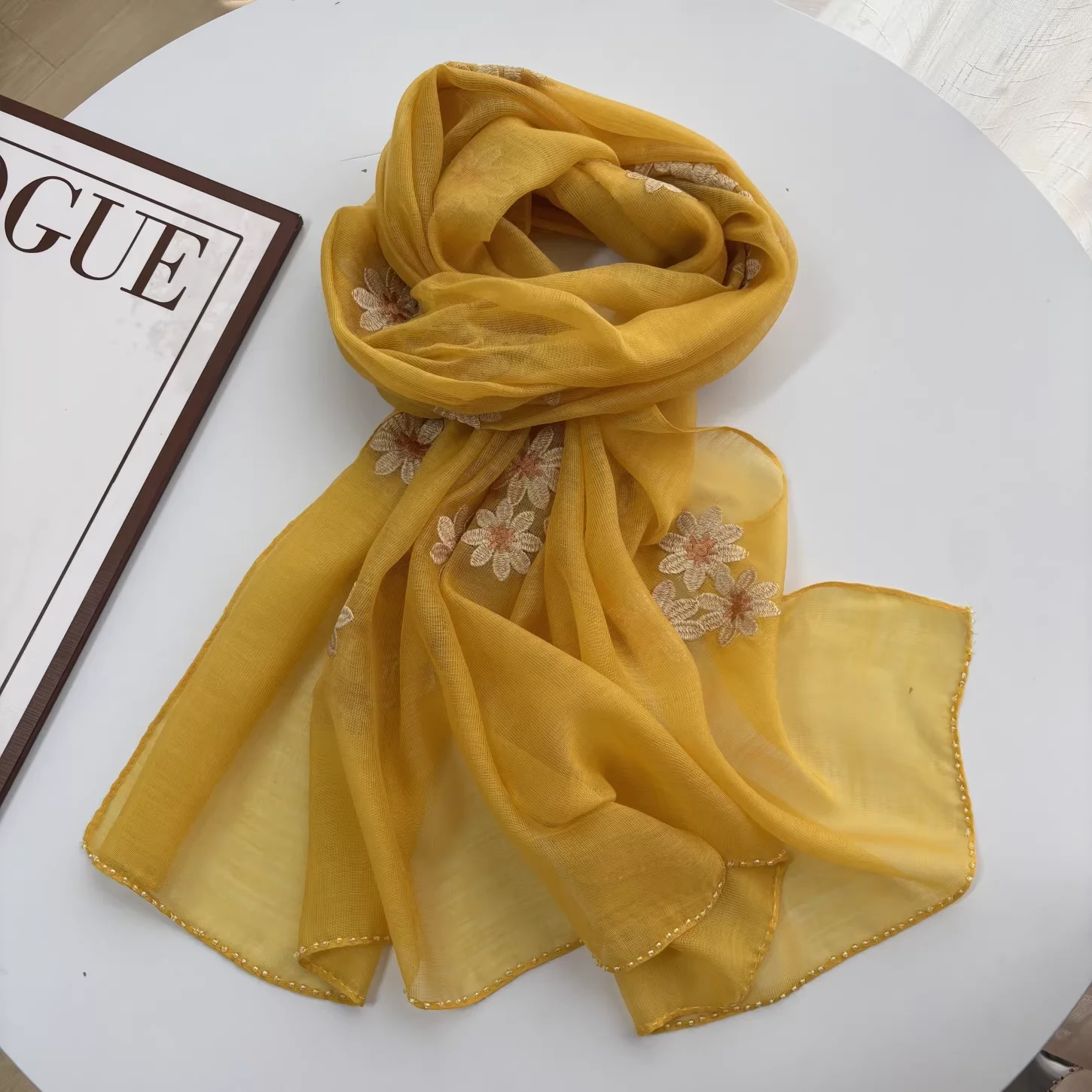

80% Wool 20% Silk neck scarves woman original luxury scarves yellow flower embroidered hijab cape women's spring scarf