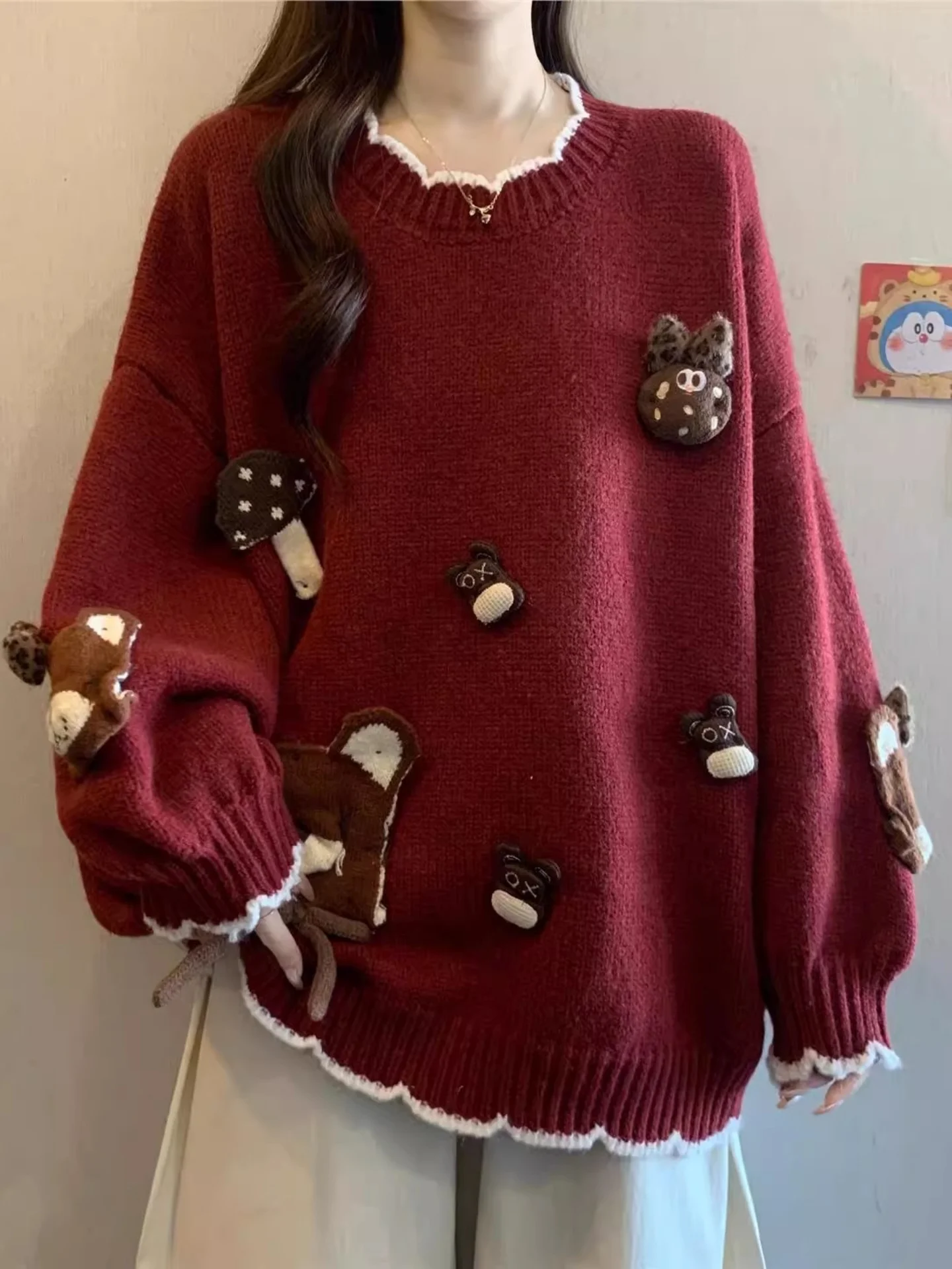 

Red Wine Color 3D Bear Long Sve Loose Women's Sweater Autumn Winter New Sle Large Size Faionable Youthful Top