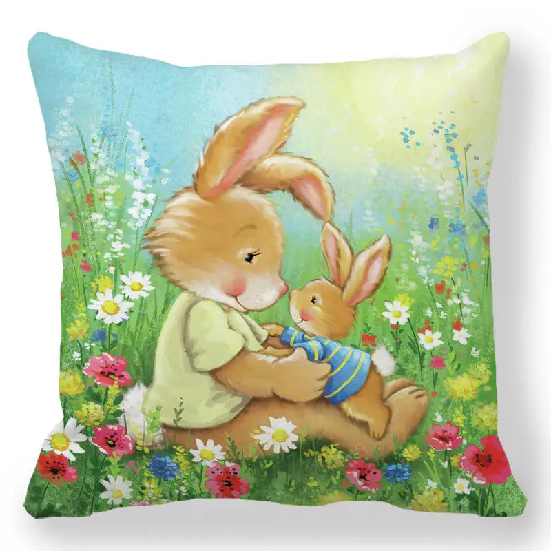 Easter Decor Pillowcase Cartoon Egg Bunny Floral Print Cushion Cover Spring Festive