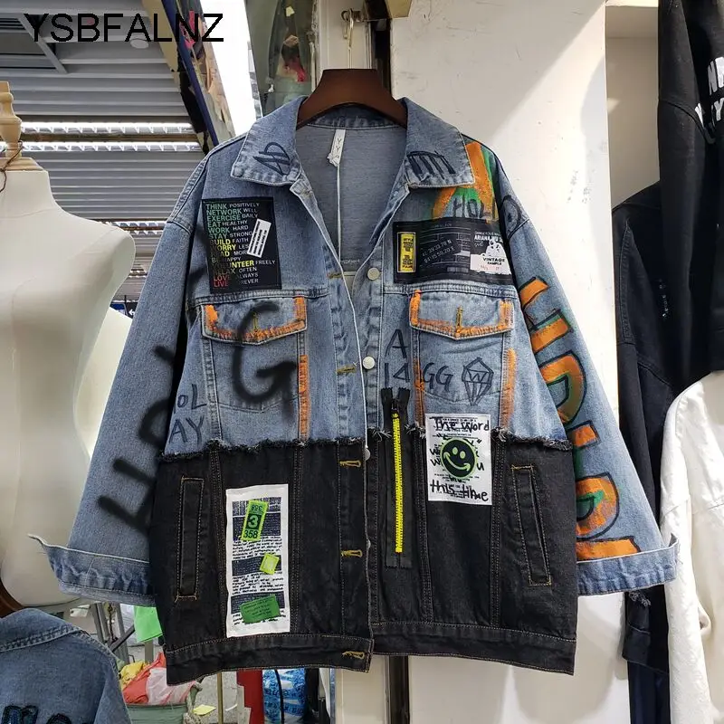 

Jeans Jacket Women Streetwear Fashion Spliced Graffiti Print Denim Jacket Pocket Lapel Loose Patchwork Hip Hop Coat Female 2021