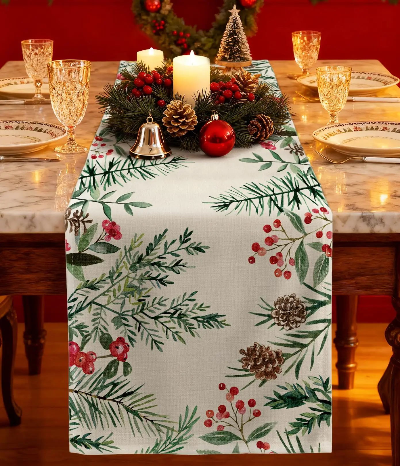 Christmas Table Runner Holly Berries Watercolor Winter Table Runner with Holly Pine Cone Needle Xmas Decor,Vintage Rustic Decor