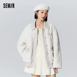 Semir Jacket Women Lapel Stitching Plush Fur Edge Temperament Winter 2023 New Loose Fragrant Style Quilted Jacket