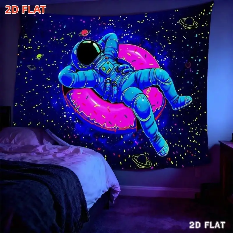 VIKAMA Neon Astronaut Donut Galaxy Christmas Tapestry Purple Blue Glow Spaceman Pink Doughnut Planet Starry Cosmic UV Blacklight