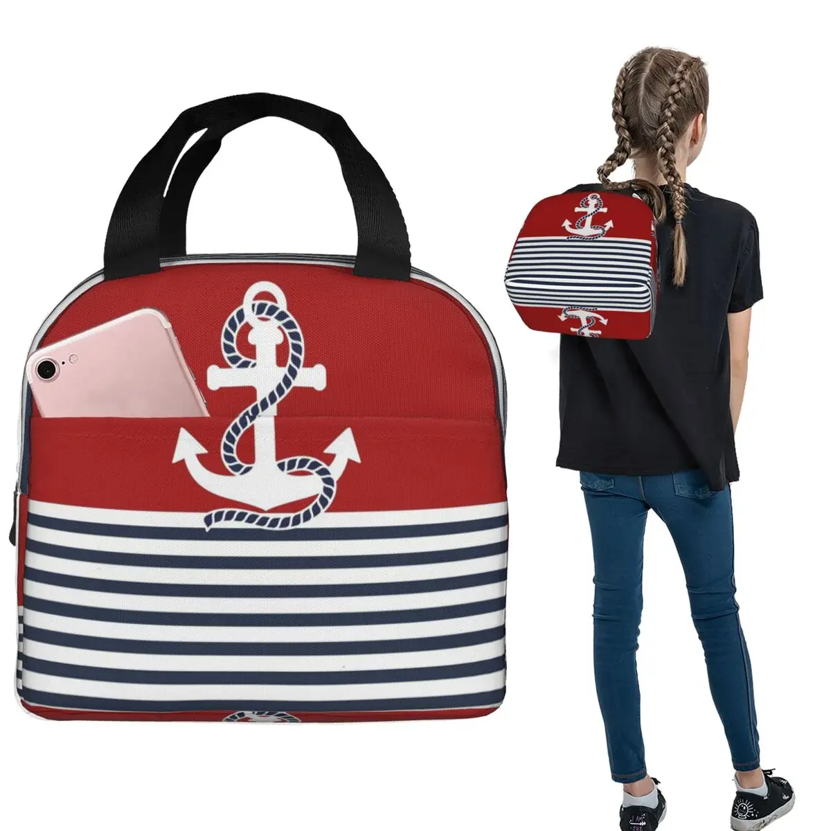 

Nautical Red White Stripes And Blue Anchors Lunch Bags Insulated Bento Box Lunch Tote Resuable Cooler Thermal Bag for Woman