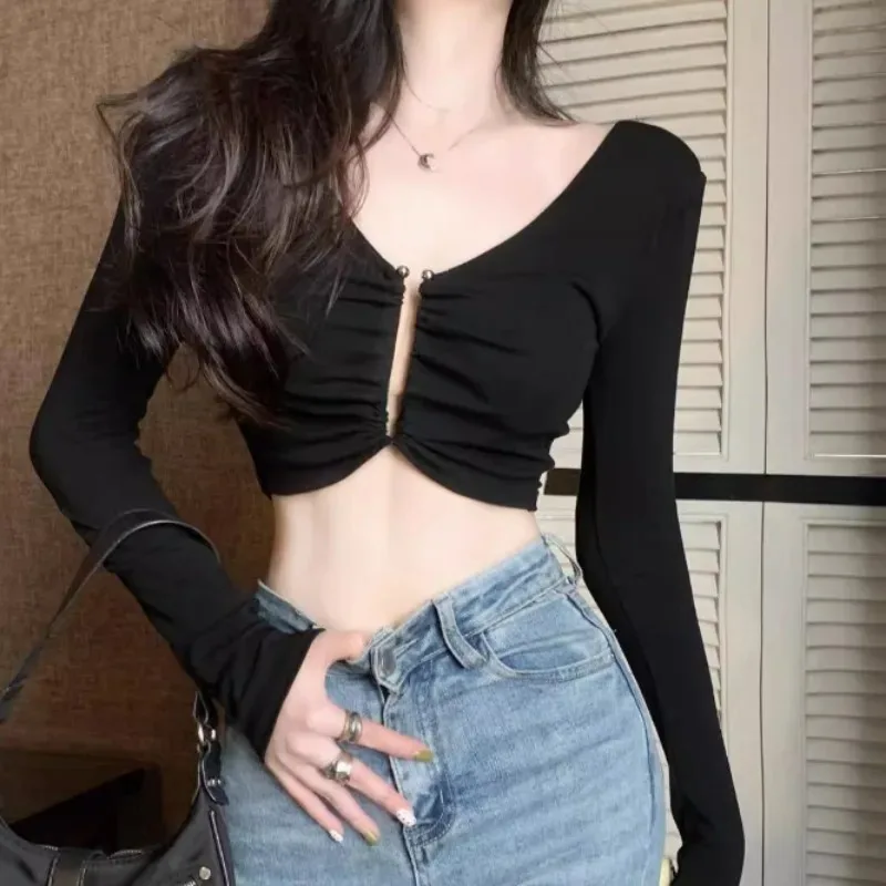 Camiseta de manga larga otoño puro deseo sexy ahueca hacia fuera la parte superior inferior corta