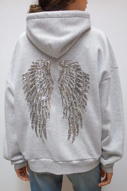 Fashionable Casual Sweatshirt Autumn Winter Solid Color Versatile Loose Wing Sequin Coat Long-sleeved Pullover Woman Clothes
