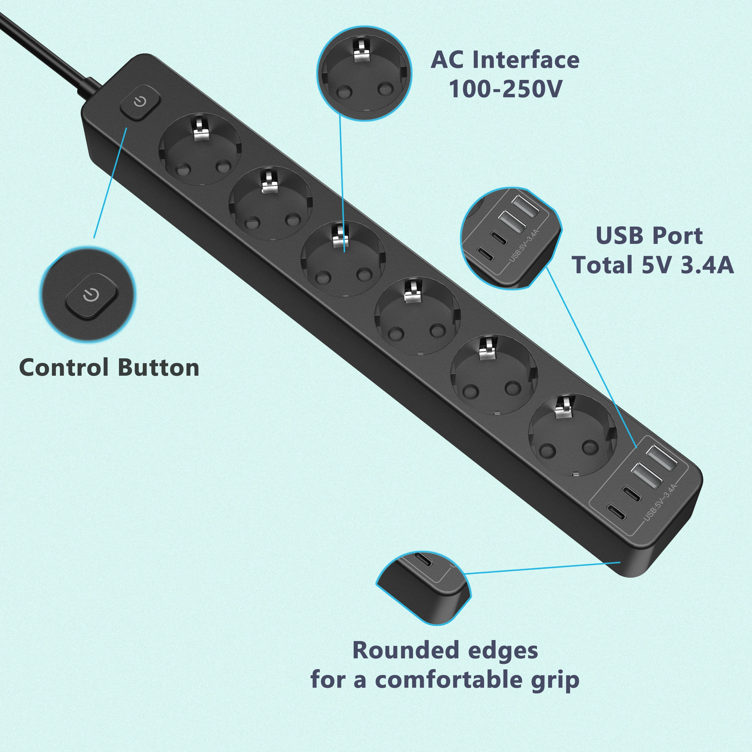 Power Strip Network Filter Multi Electic Socket 6 Outlet 4USB Port Charging 5.9Ft Extension Cord Surge Protector Switch For Home