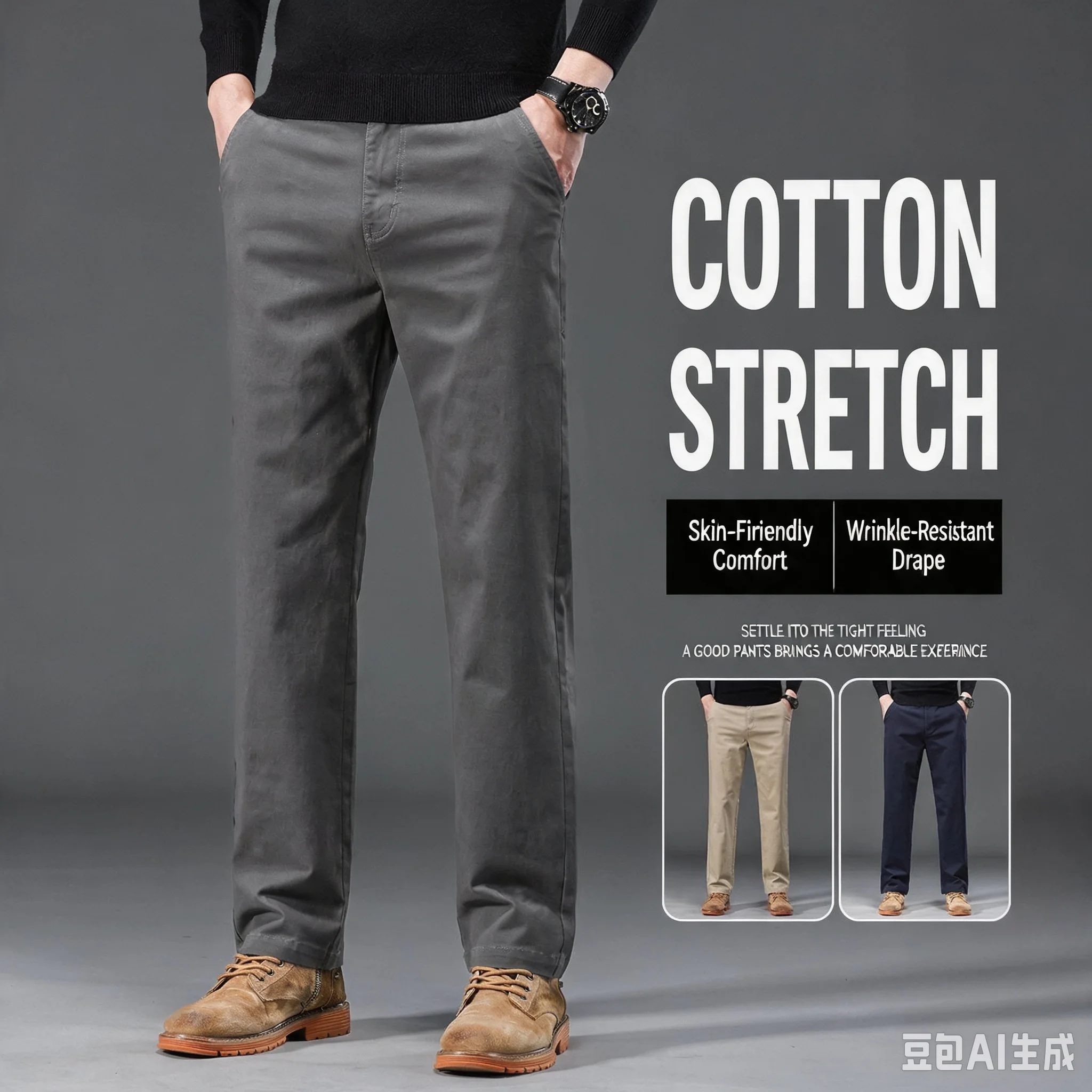 Men's Straight‑Leg Casual Pants 97% Cotton 3% Spandex Fabric Elastic Soft Business Trousers Solid Color Multi‑Color Options Dail