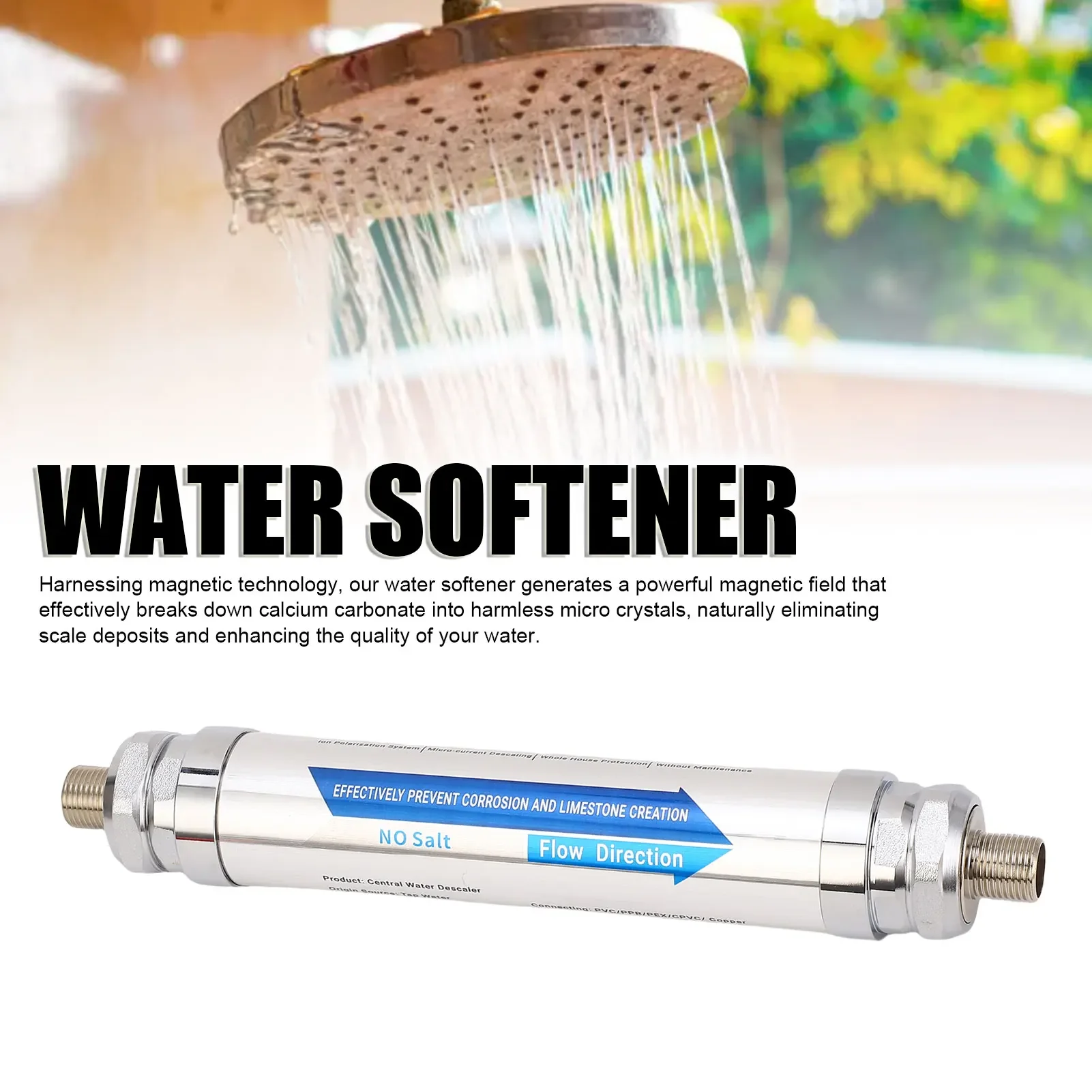 Wasserenthärter 1000L Warmwasserbereiter Entkalker Edelstahl Einfach zu Installieren Salzfrei für Dusche Geschirrspüler Solarheizung