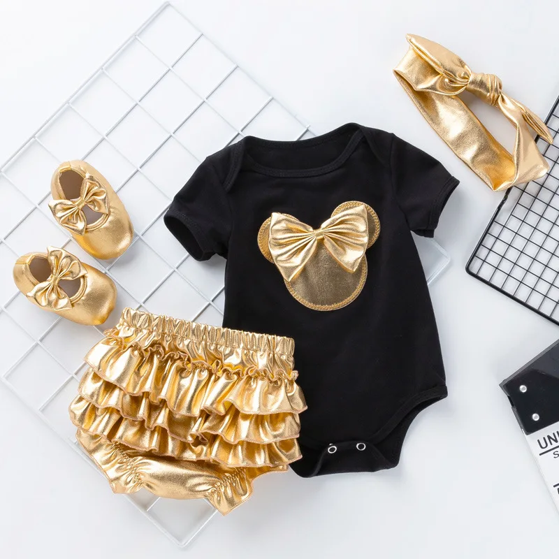 4Pcs Cartoon Baby Outfit Set with Headband,Romper,Pants & Shoes,skin-friendly clothes for full month birthday party wear