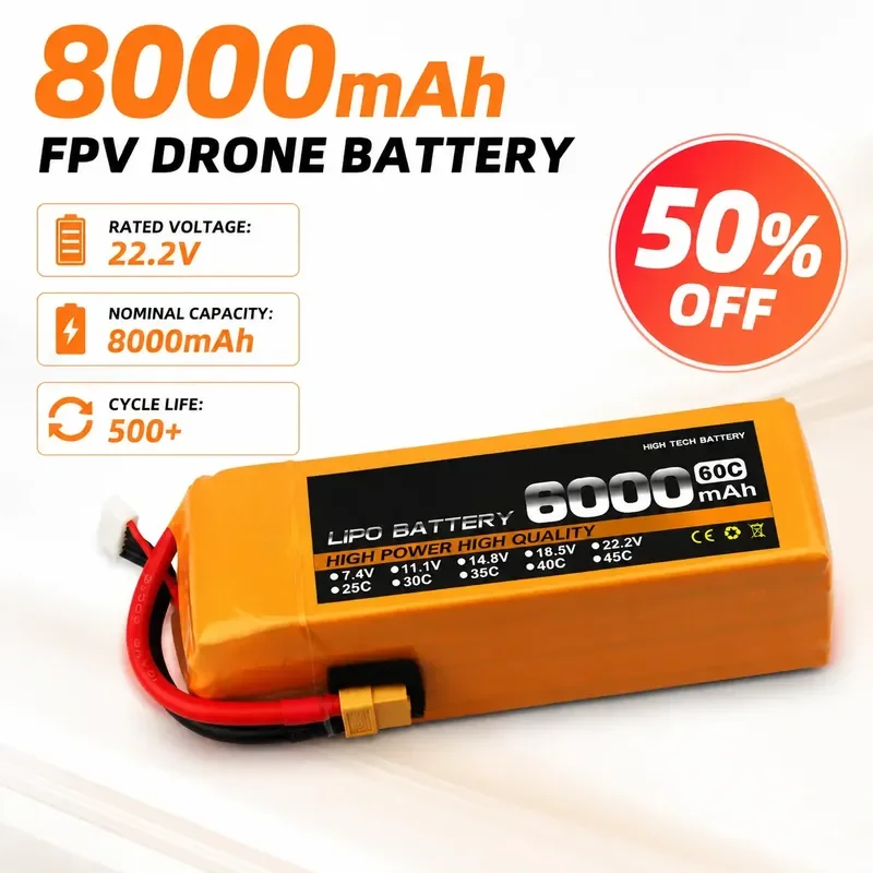 

For TCB Model Aircraft Lithium Battery FPV Crossing Machine 8000 6500 6000 mAh 22.2 V 6S 60C Drone Accessories