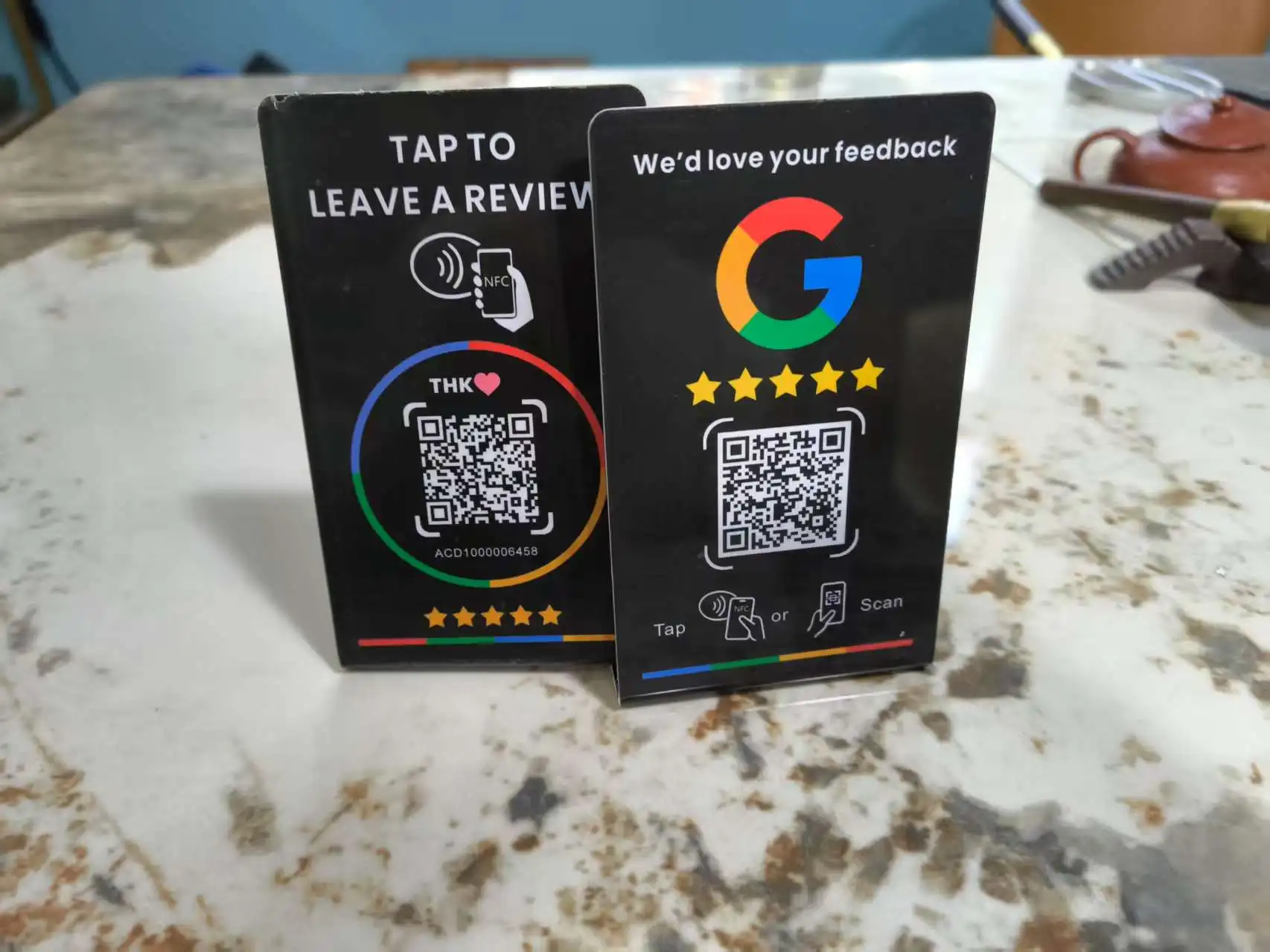 Programmable NFC Google Review Stand 13.56MHz Bending Card Holder with Brand Bracket Table Display for Restaurant Cafe Shop