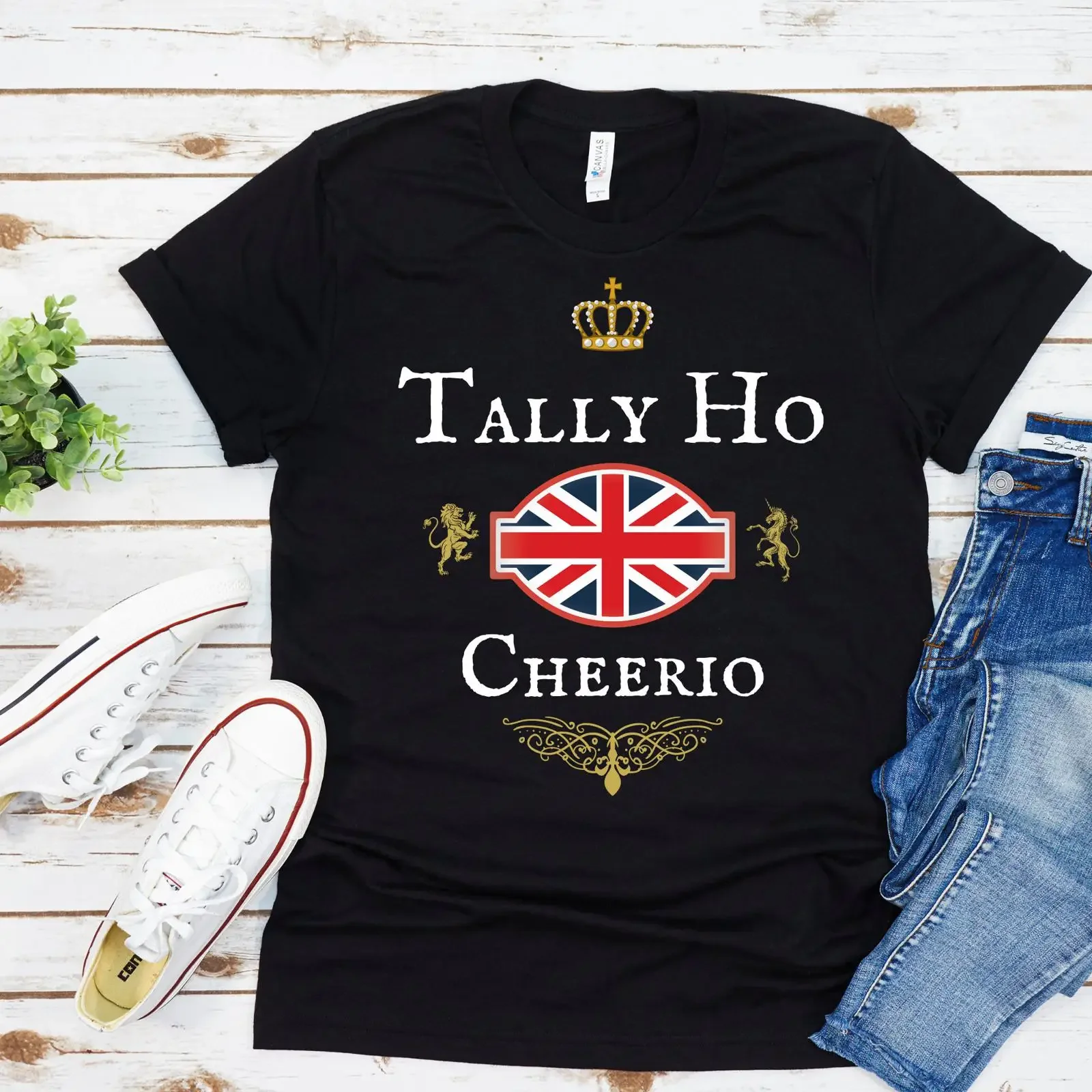 Camiseta con la frase británica Tally Ho Cheerio, bandera Union Jack de Gran Bretaña, divertida para británicos y expatriados, estilo casual vintage, lavada y suave.
