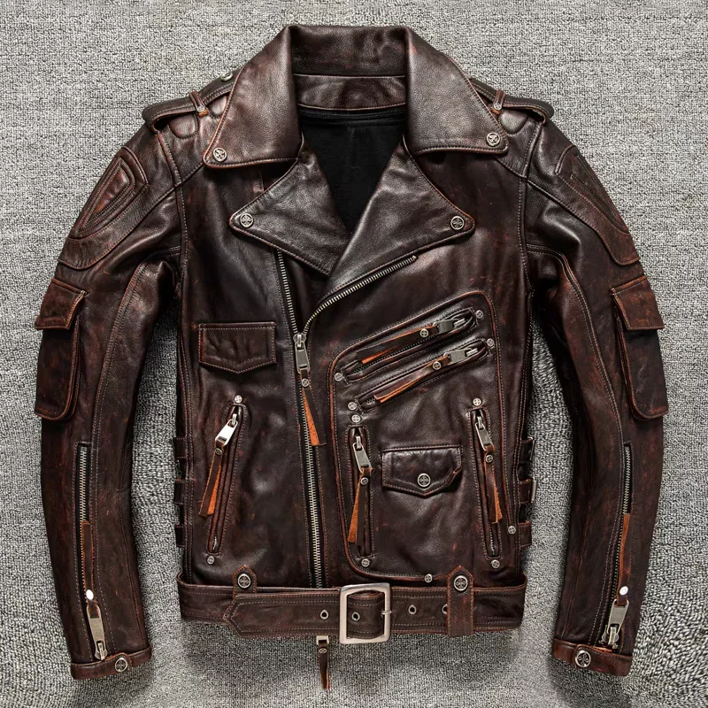 Men's Natural Leather Motorcycle Jacket Top Layer Causal Vintage Retro Moto Suit Leather Coat  Dropshipping